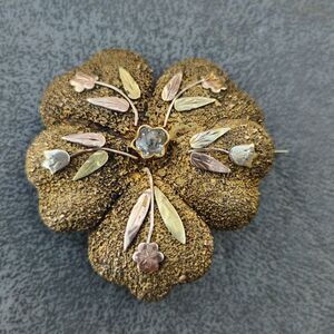 Antique 12K Gold Over Brass Flower Brooch C Clasp Artisan Made